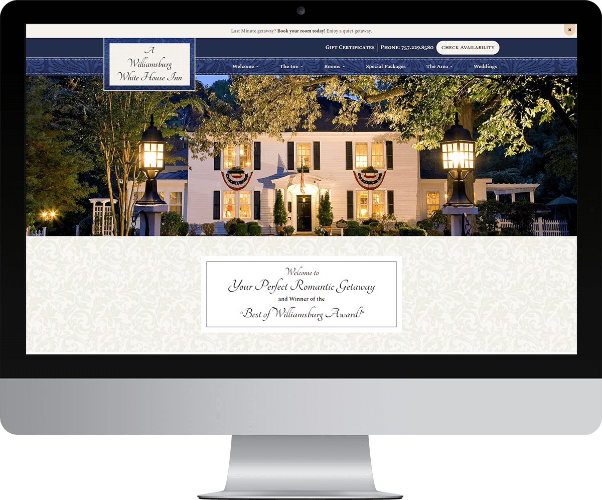 A Williamsburg White House Inn website on a mac screen