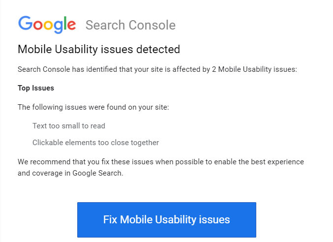 Google Search Console Mobile Error Message